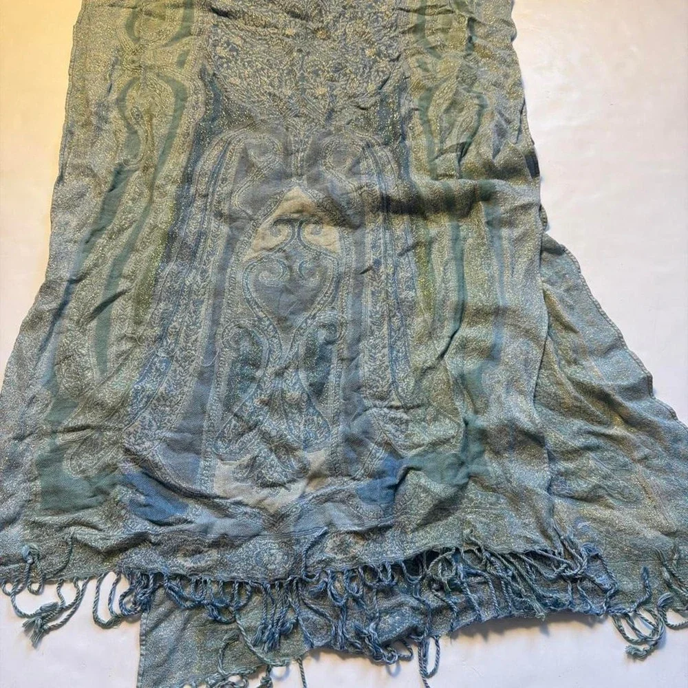 Boho Teal Aqua Paisley Pashmina Scarf Festival Mermaidcore Fringe Wrap